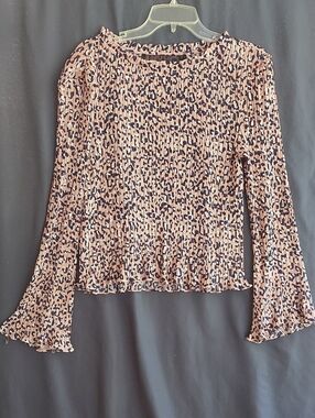 Pleated Long-Sleeve Pink Animal Print Top